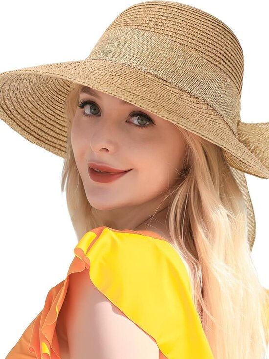 Women\'s Beach Sun Straw HatsUPF 50+ UV Sun Protection Wide Brim Khaki Bow